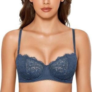 DOBREVA Women’s Sexy Lace Push Up Plus Size Bra Sheer Balconette Underwire Unlined(Military Blue)