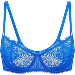 DOBREVA Women’s Sexy Lace Push Up Plus Size Bra Sheer Balconette Underwire Unlined(Sky Blue)