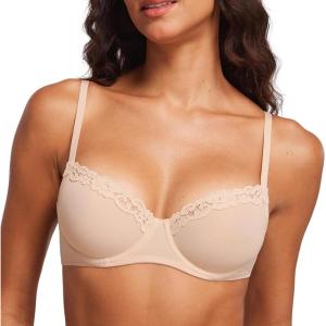 DOBREVA Women’s Sheer Mesh Balconette Bra Sexy Unlined Demi Underwire Bras Lace Plus Size(Beige)