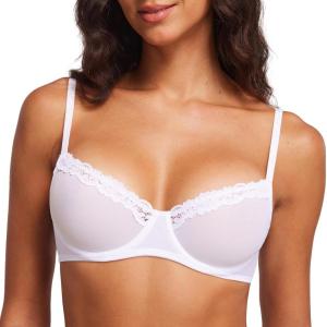 DOBREVA Women’s Sheer Mesh Balconette Bra Sexy Unlined Demi Underwire Bras Lace Plus Size(White)