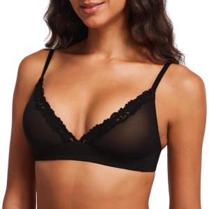 DOBREVA Women’s Triangle Mesh Bralette Sexy Sheer Plunge Wireless Bra Lace Trim(Black)