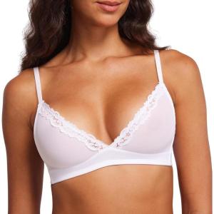 DOBREVA Women’s Triangle Mesh Bralette Sexy Sheer Plunge Wireless Bra Lace Trim(White)