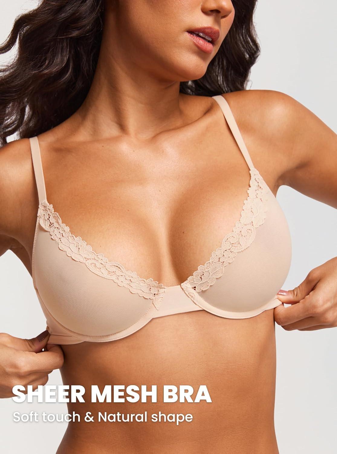 imageDOBREVA Womens Mesh Balconette Bra Sheer Demi Underwire Unlined Sexy Plus Size Plunge Bras Lace TrimBeige
