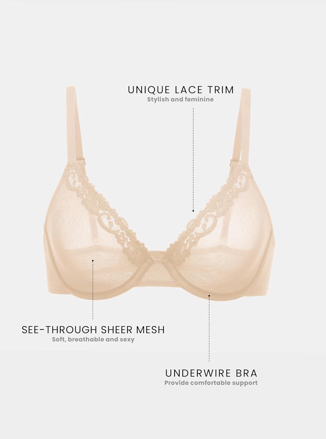 imageDOBREVA Womens Mesh Balconette Bra Sheer Demi Underwire Unlined Sexy Plus Size Plunge Bras Lace TrimBeige