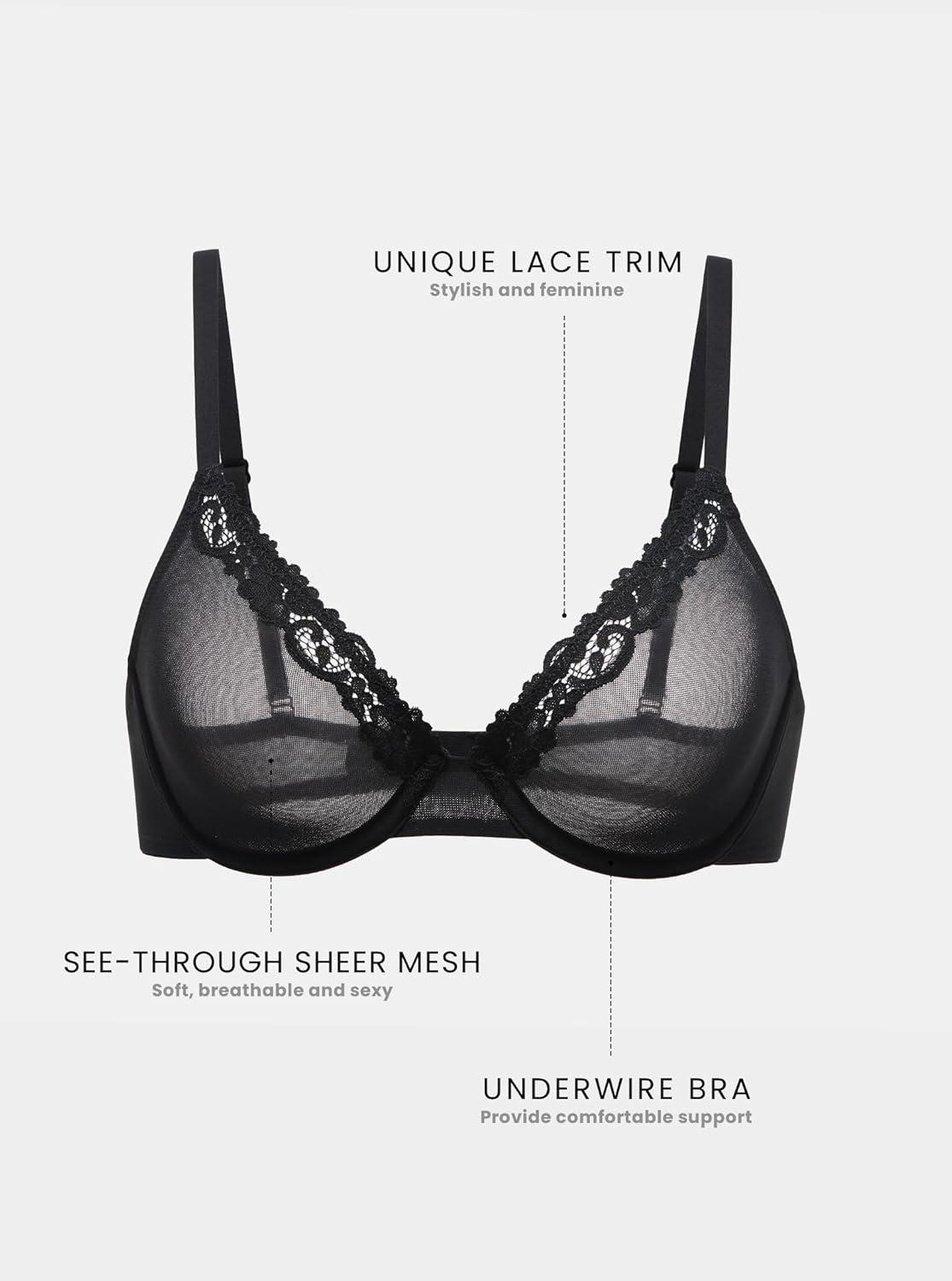 imageDOBREVA Womens Mesh Balconette Bra Sheer Demi Underwire Unlined Sexy Plus Size Plunge Bras Lace TrimBlack