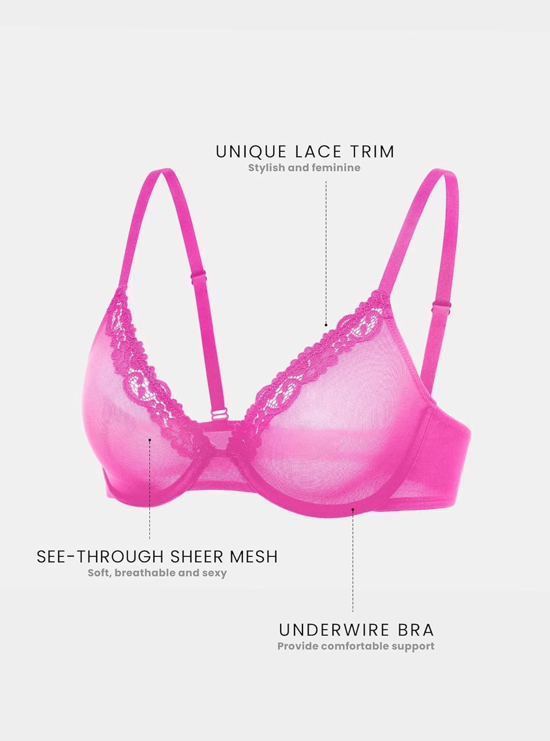 imageDOBREVA Womens Mesh Balconette Bra Sheer Demi Underwire Unlined Sexy Plus Size Plunge Bras Lace TrimGlitter Rose