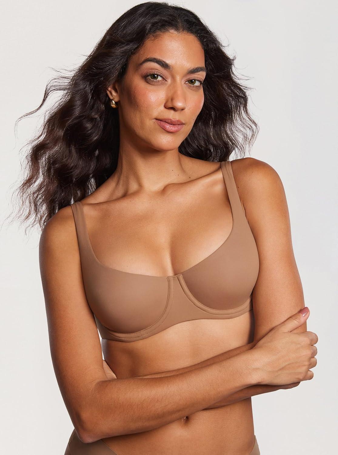 imageDOBREVA Womens Unlined Balconette Bra Underwire Supportive Plus Size Smooth Scoop NeckGravel Beige Unlined