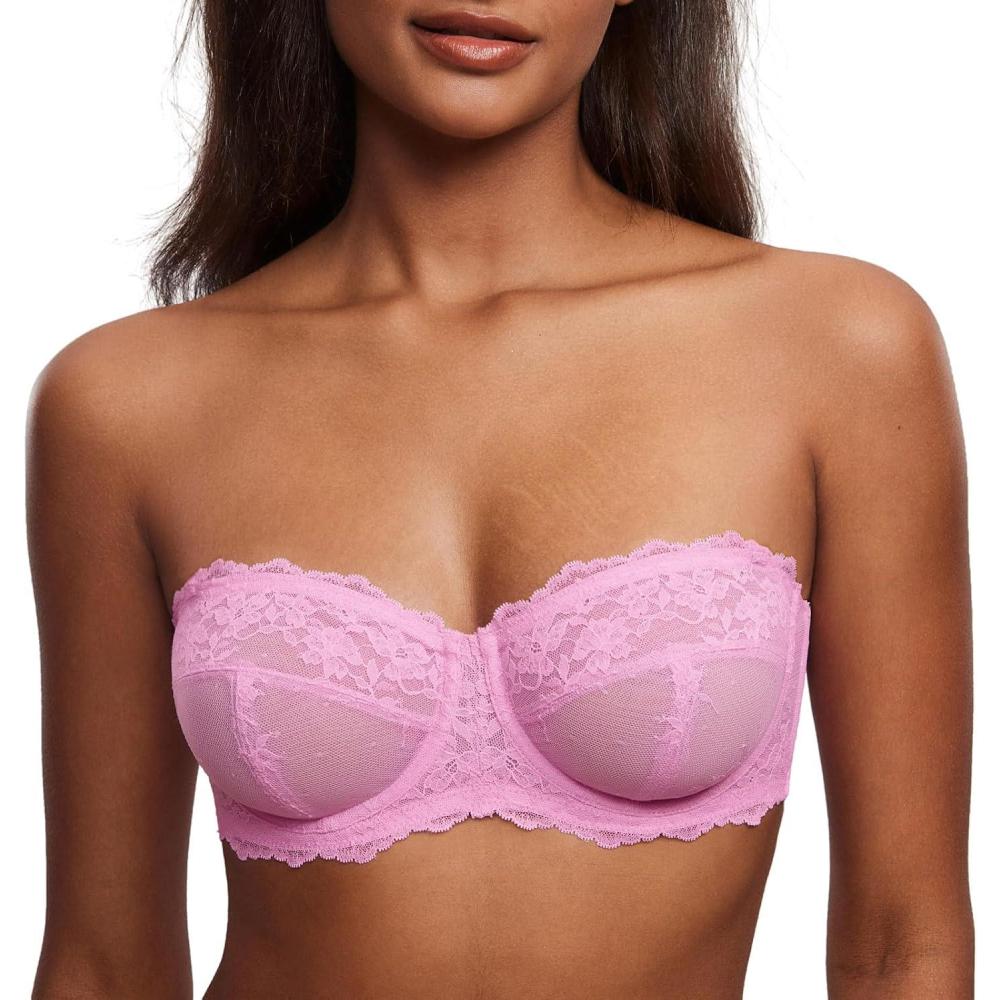 imageDOBREVA Unlined Lace Strapless Bra Sexy See Through Plus Size Convertible Underwire BrasCandy Pink  Unlined