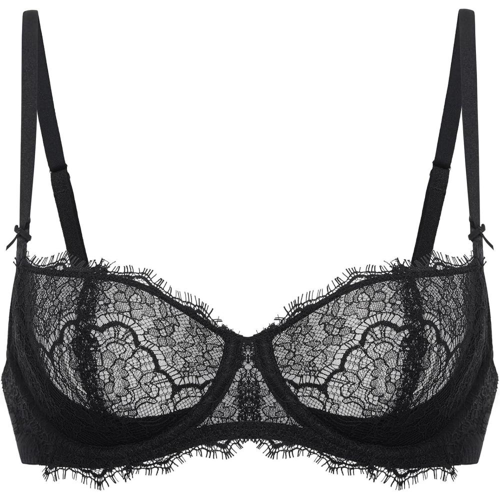 imageDOBREVA Womens Balconette Sexy Unlined Bra Lace Push Up Plus Size Bras See Through UnderwireBlack