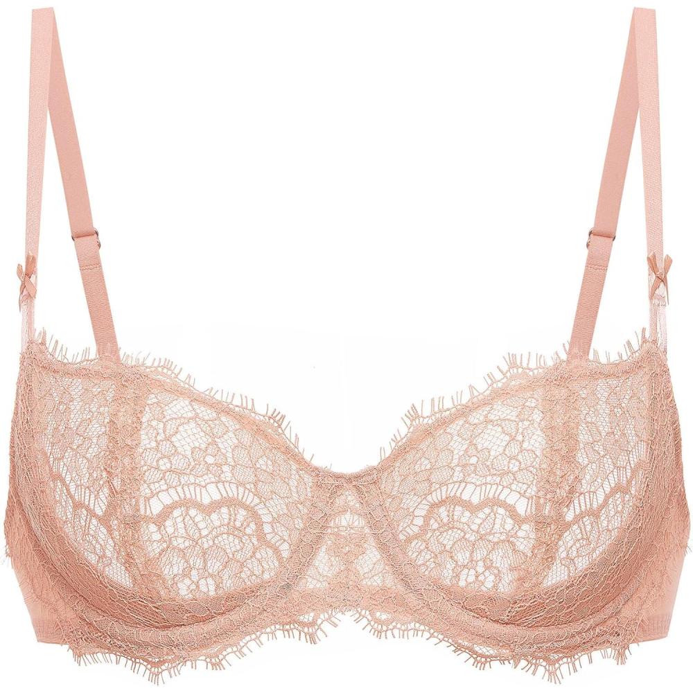 imageDOBREVA Womens Balconette Sexy Unlined Bra Lace Push Up Plus Size Bras See Through UnderwireBlush Beige