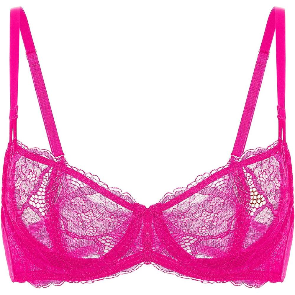 imageDOBREVA Womens Balconette Sexy Unlined Bra Lace Push Up Plus Size Bras See Through UnderwireGlitter Pink