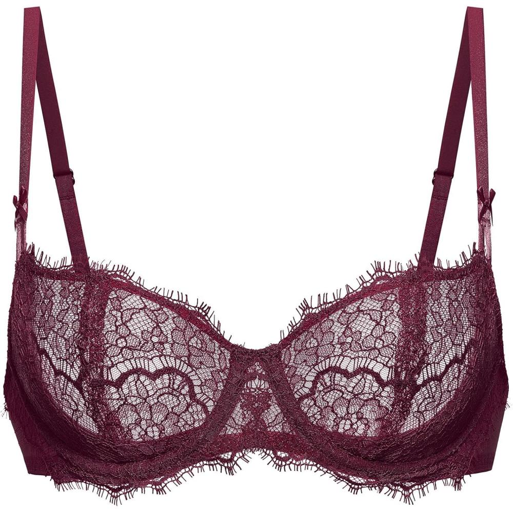 imageDOBREVA Womens Balconette Sexy Unlined Bra Lace Push Up Plus Size Bras See Through UnderwireGrape Wine