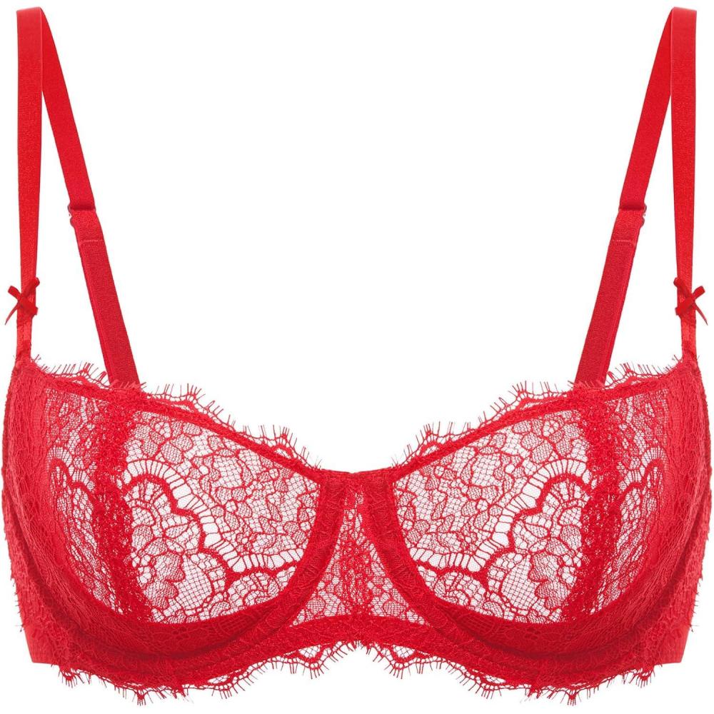 imageDOBREVA Womens Balconette Sexy Unlined Bra Lace Push Up Plus Size Bras See Through UnderwireLipstick Red