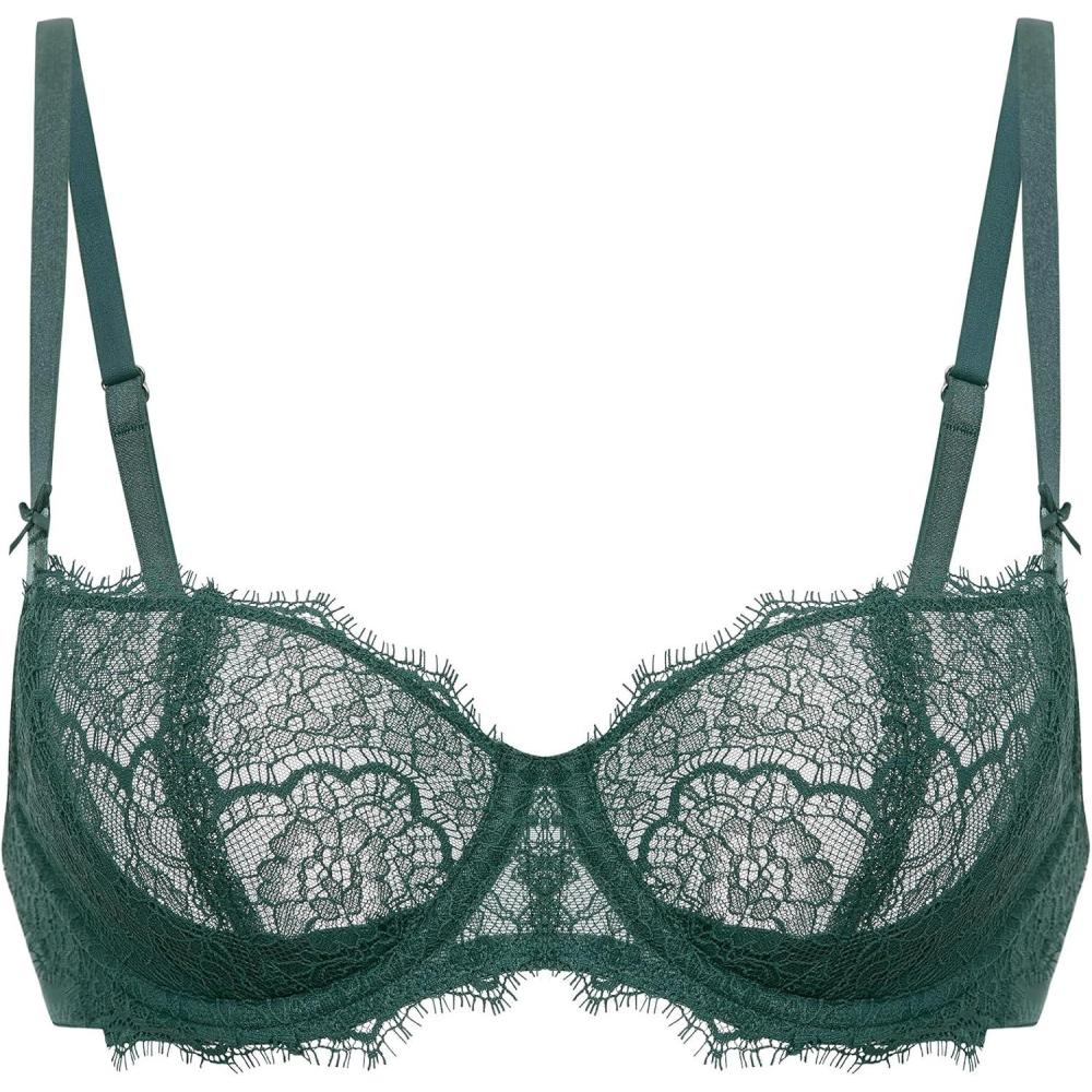imageDOBREVA Womens Balconette Sexy Unlined Bra Lace Push Up Plus Size Bras See Through UnderwireMidnight Emerald
