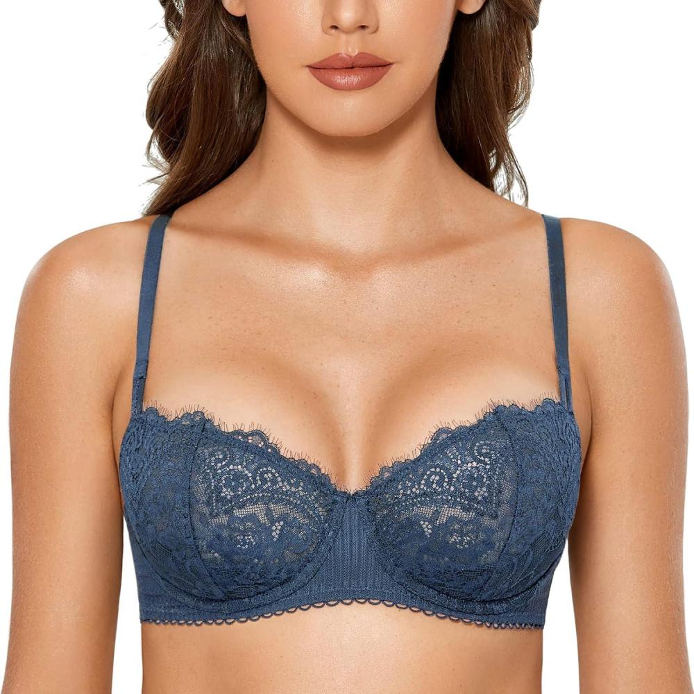 imageDOBREVA Womens Balconette Sexy Unlined Bra Lace Push Up Plus Size Bras See Through UnderwireMilitary Blue