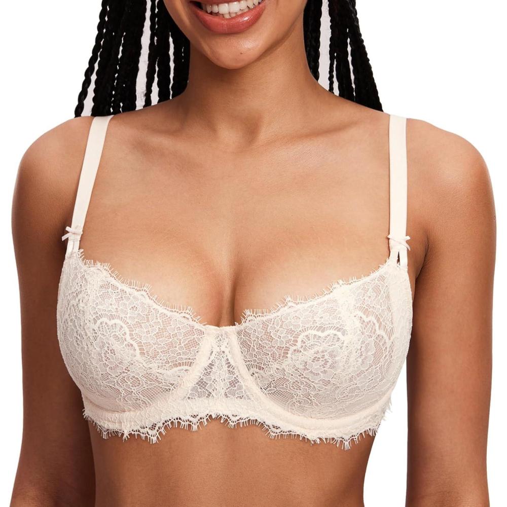imageDOBREVA Womens Balconette Sexy Unlined Bra Lace Push Up Plus Size Bras See Through UnderwireRose White