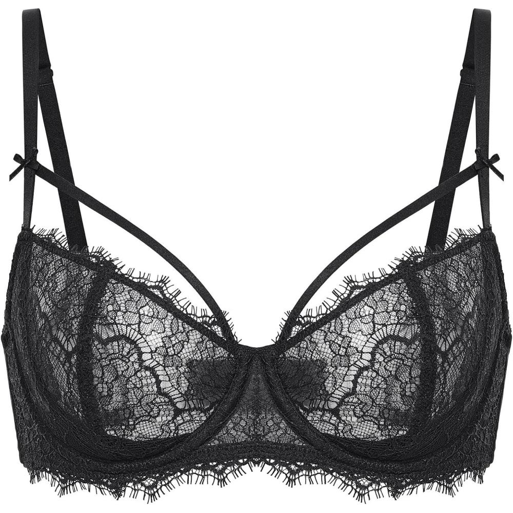 imageDOBREVA Womens Balconette Sexy Unlined Bra Lace Push Up Plus Size Bras See Through UnderwireStrappyblack