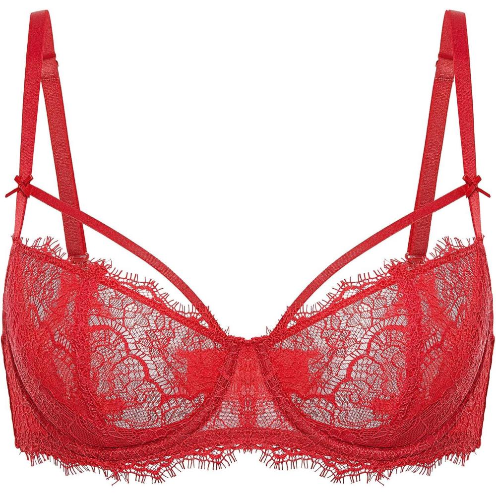 imageDOBREVA Womens Balconette Sexy Unlined Bra Lace Push Up Plus Size Bras See Through UnderwireStrappylipstick Red
