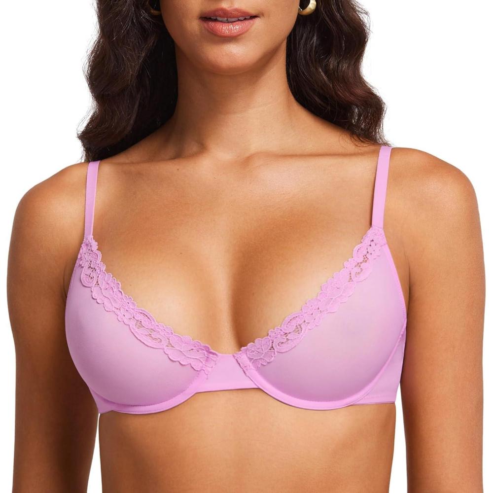 imageDOBREVA Womens Mesh Balconette Bra Sheer Demi Underwire Unlined Sexy Plus Size Plunge Bras Lace TrimBarbie Powder