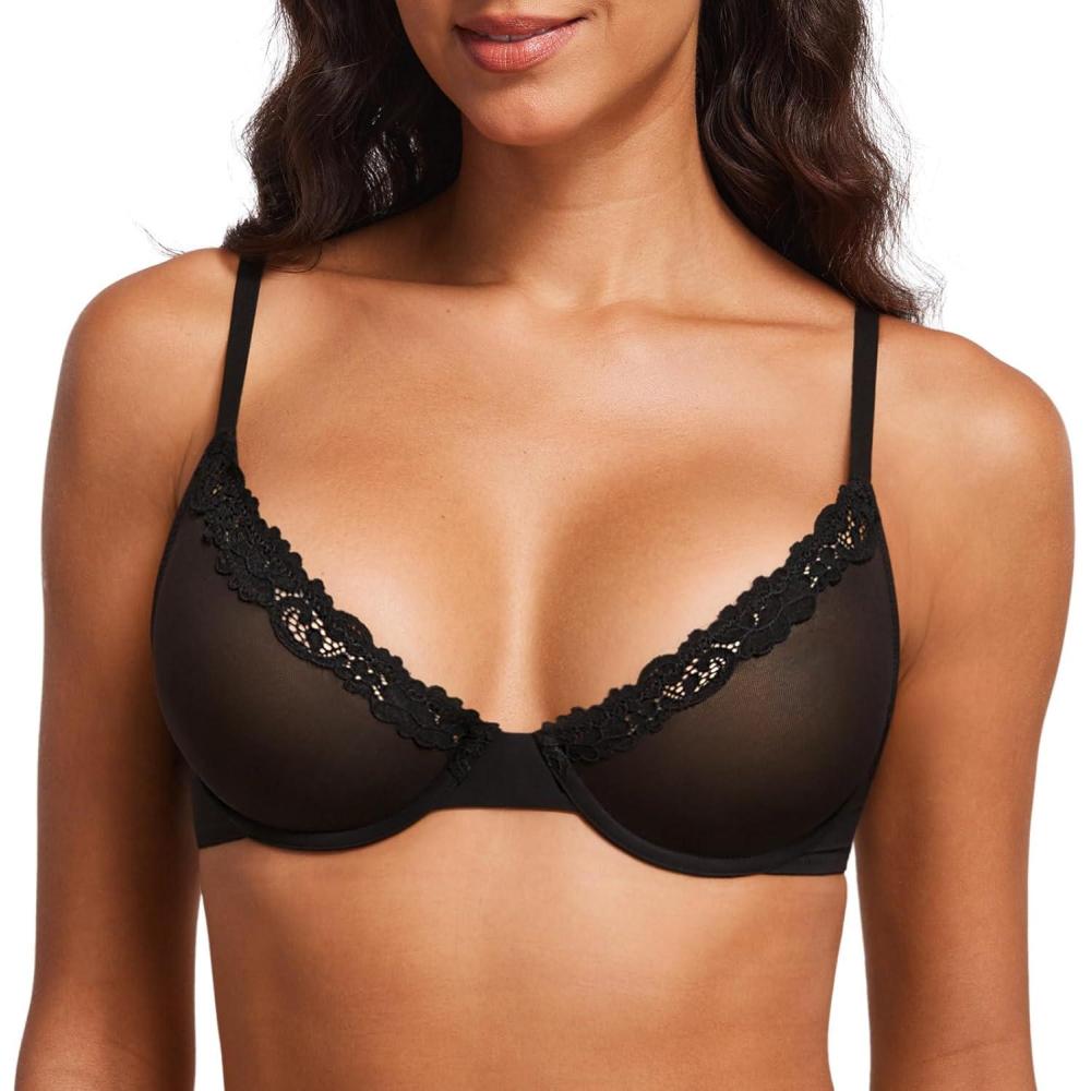 imageDOBREVA Womens Mesh Balconette Bra Sheer Demi Underwire Unlined Sexy Plus Size Plunge Bras Lace TrimBlack