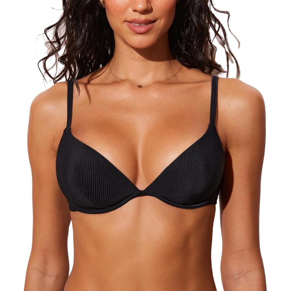 imageDOBREVA Womens Underwire Triangle Bikini Top Unpadded Plunge Bathing Suit Tops Ribbed Swimsuits V Neck Sexy Bra SizesBlack