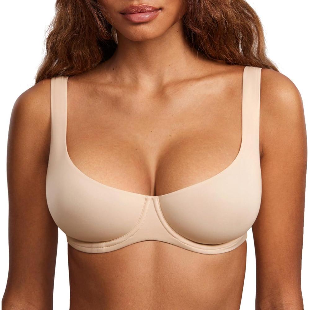 imageDOBREVA Womens Unlined Balconette Bra Underwire Supportive Plus Size Smooth Scoop NeckBeige Unlined
