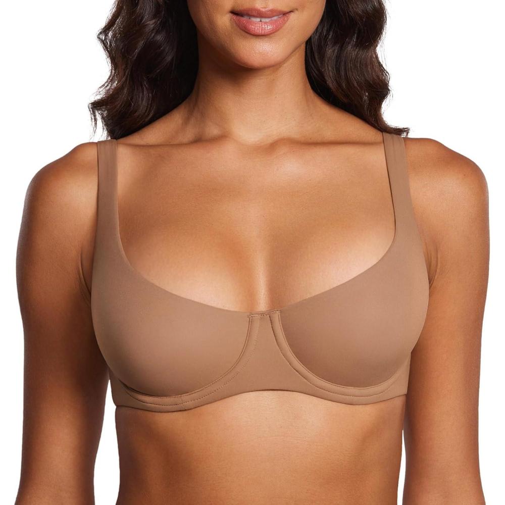 imageDOBREVA Womens Unlined Balconette Bra Underwire Supportive Plus Size Smooth Scoop NeckGravel Beige  Unlined