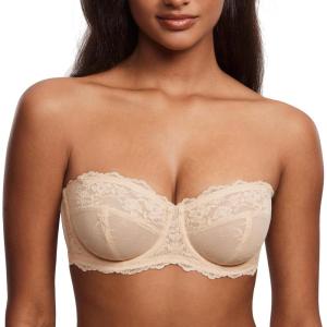 DOBREVA Unlined Lace Strapless Bra Sexy See Through Plus Size Convertible Underwire Bras(Beige – Unlined)