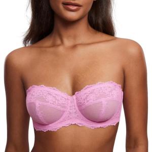 DOBREVA Unlined Lace Strapless Bra Sexy See Through Plus Size Convertible Underwire Bras(Candy Pink – Unlined)