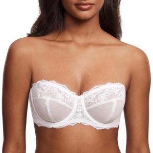 DOBREVA Unlined Lace Strapless Bra Sexy See Through Plus Size Convertible Underwire Bras(White – Unlined)