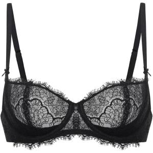 DOBREVA Women’s Balconette Sexy Unlined Bra Lace Push Up Plus Size Bras See Through Underwire(Black)