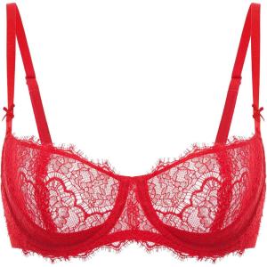DOBREVA Women’s Balconette Sexy Unlined Bra Lace Push Up Plus Size Bras See Through Underwire(Lipstick Red)