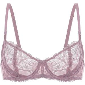 DOBREVA Women’s Balconette Sexy Unlined Bra Lace Push Up Plus Size Bras See Through Underwire(Rose Brown)