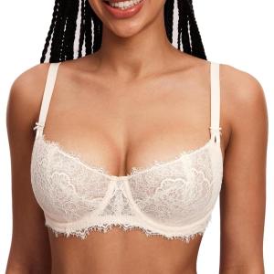 DOBREVA Women’s Balconette Sexy Unlined Bra Lace Push Up Plus Size Bras See Through Underwire(Rose White)
