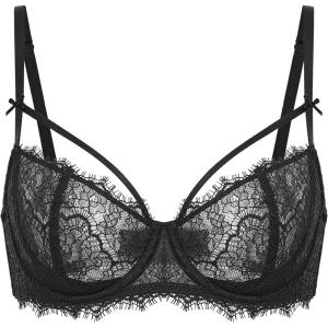DOBREVA Women’s Balconette Sexy Unlined Bra Lace Push Up Plus Size Bras See Through Underwire(Strappy_black)