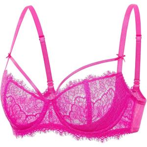 DOBREVA Women’s Balconette Sexy Unlined Bra Lace Push Up Plus Size Bras See Through Underwire(Strappy_bright Fuchsia)