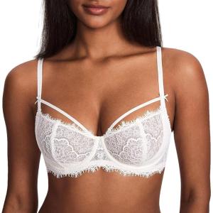 DOBREVA Women’s Balconette Sexy Unlined Bra Lace Push Up Plus Size Bras See Through Underwire(Strappy_coconut White)