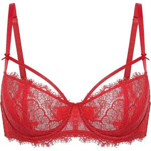 DOBREVA Women’s Balconette Sexy Unlined Bra Lace Push Up Plus Size Bras See Through Underwire(Strappy_lipstick Red)