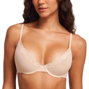 DOBREVA Women’s Mesh Balconette Bra Sheer Demi Underwire Unlined Sexy Plus Size Plunge Bras Lace Trim(Beige)