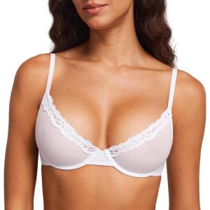 DOBREVA Women’s Mesh Balconette Bra Sheer Demi Underwire Unlined Sexy Plus Size Plunge Bras Lace Trim(White)