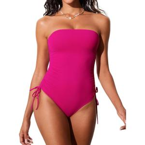 DOBREVA Women’s One Piece Swimsuit Strapless Bandeau Bathing Suits Tummy Control Ruched Lined Slimming Halter Swimwear(Granita Pink)