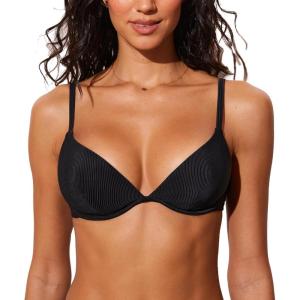 DOBREVA Women’s Underwire Triangle Bikini Top Unpadded Plunge Bathing Suit Tops Ribbed Swimsuits V Neck Sexy – Bra Sizes(Black)