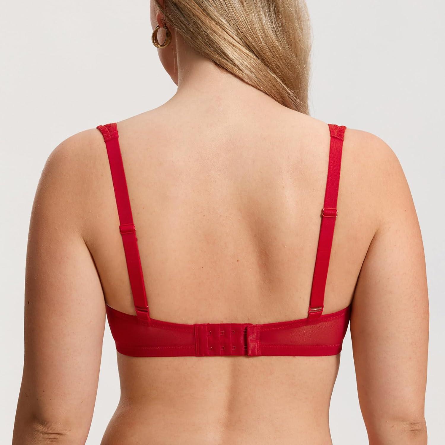 imageDOBREVA Womens Balconette Bra Sexy Lace Demi Underwire Shelf Plus Size Lightly Padded Wide StrapsLipstick Red