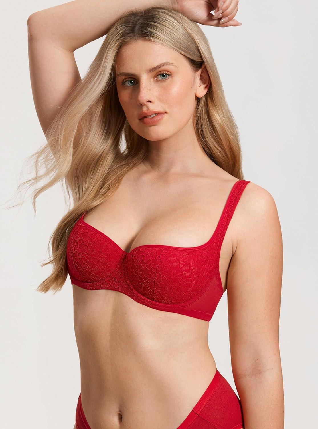 imageDOBREVA Womens Balconette Bra Sexy Lace Demi Underwire Shelf Plus Size Lightly Padded Wide StrapsLipstick Red