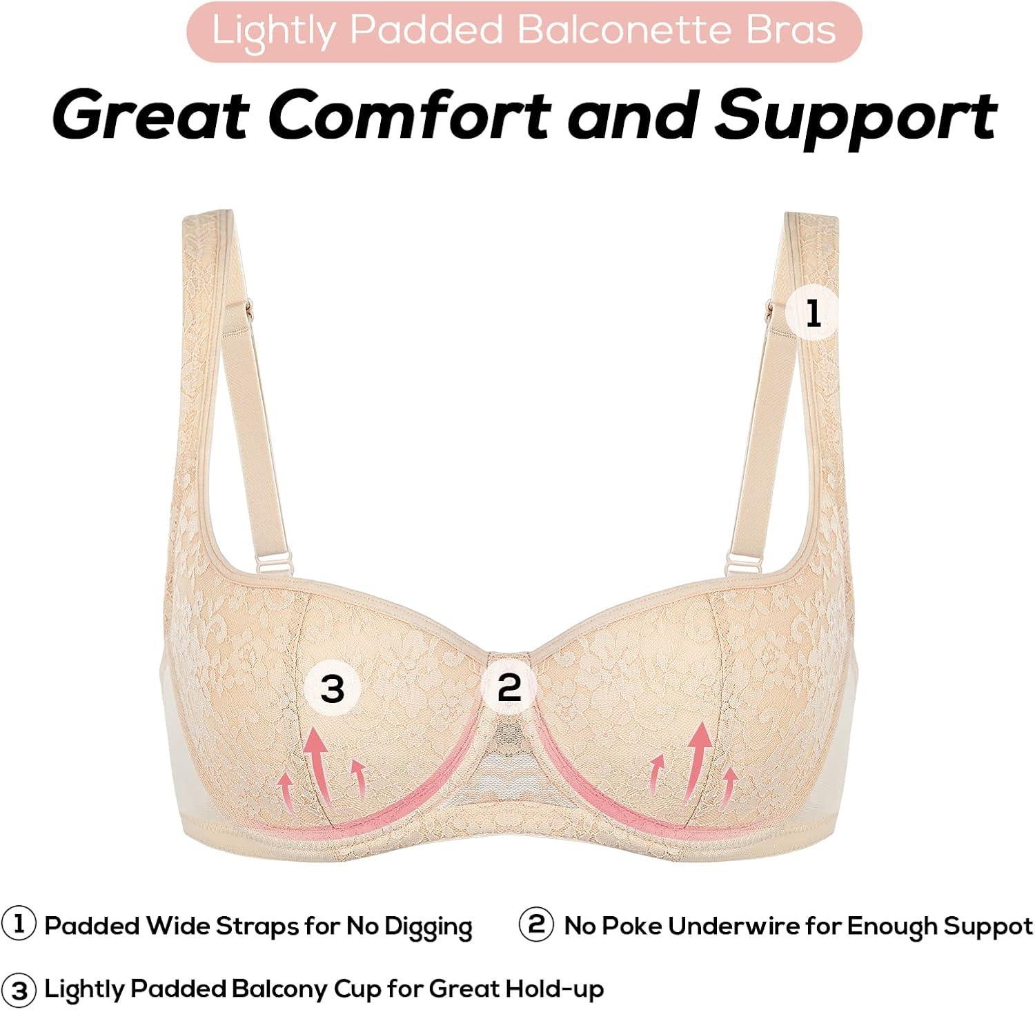 imageDOBREVA Womens Balconette Bra Sexy Lace Demi Underwire Shelf Plus Size Lightly Padded Wide StrapsWhite