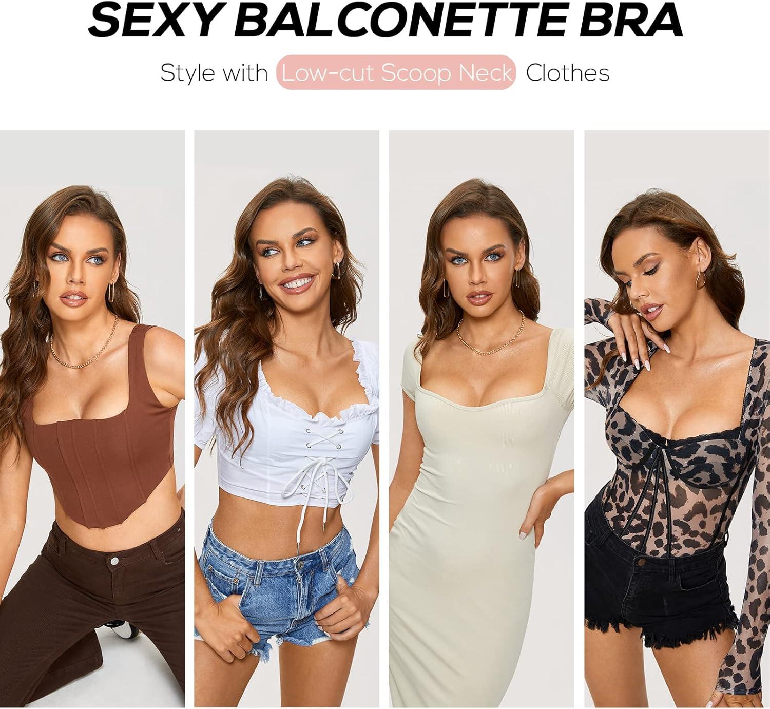 imageDOBREVA Womens Balconette Bra Sexy Lace Demi Underwire Shelf Plus Size Lightly Padded Wide StrapsWhite