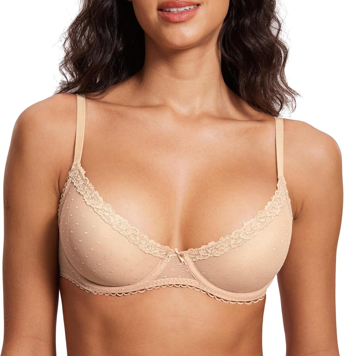 imageDOBREVA Womens Balconette Lace Bra See Through Demi Sheer Mesh Plus Size UnderwireBeige