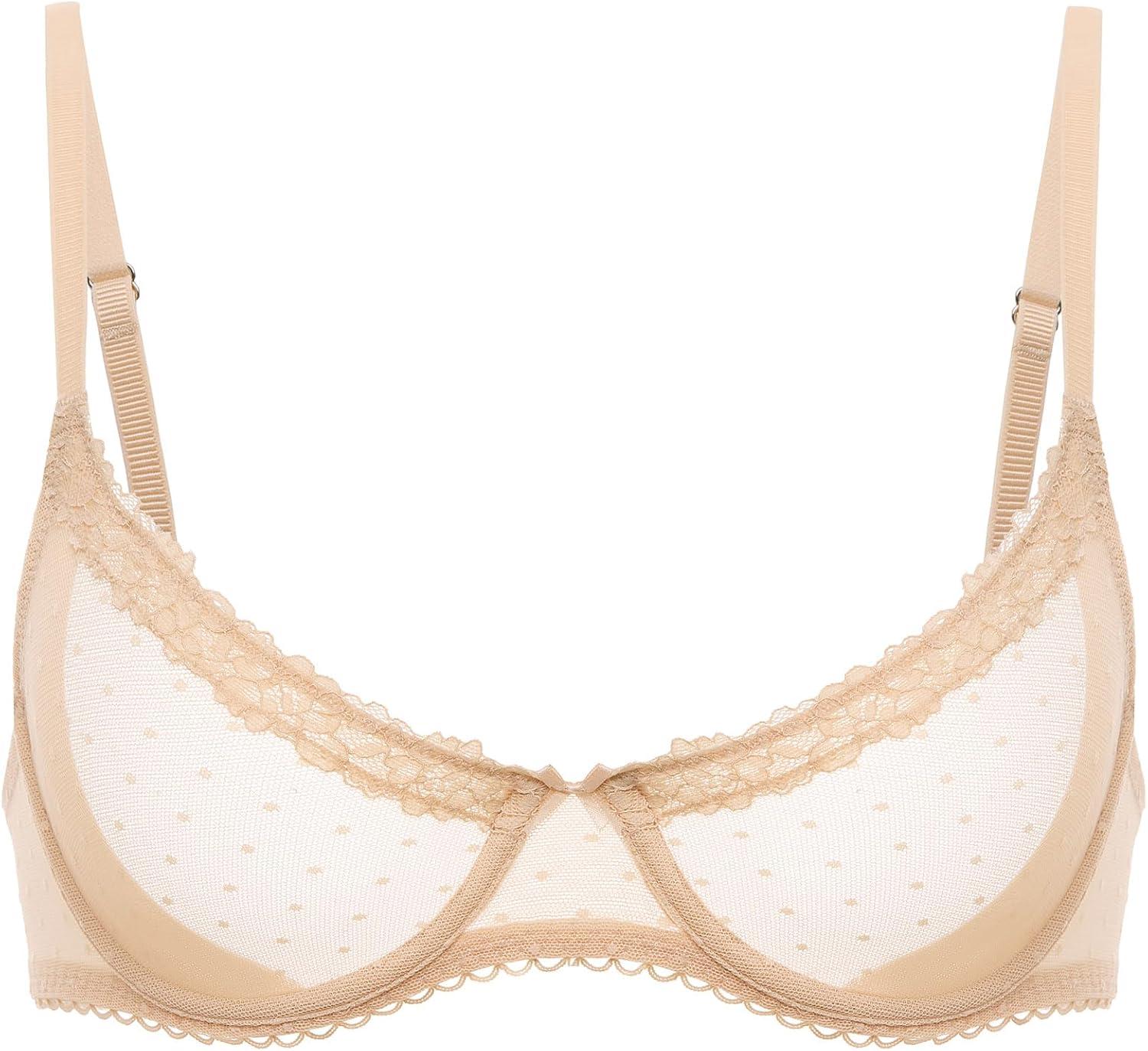 imageDOBREVA Womens Balconette Lace Bra See Through Demi Sheer Mesh Plus Size UnderwireBeige