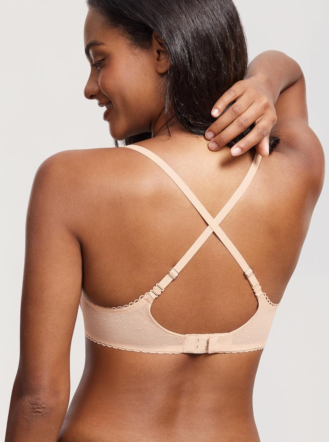 imageDOBREVA Womens Balconette Lace Bra See Through Demi Sheer Mesh Plus Size UnderwireBeige