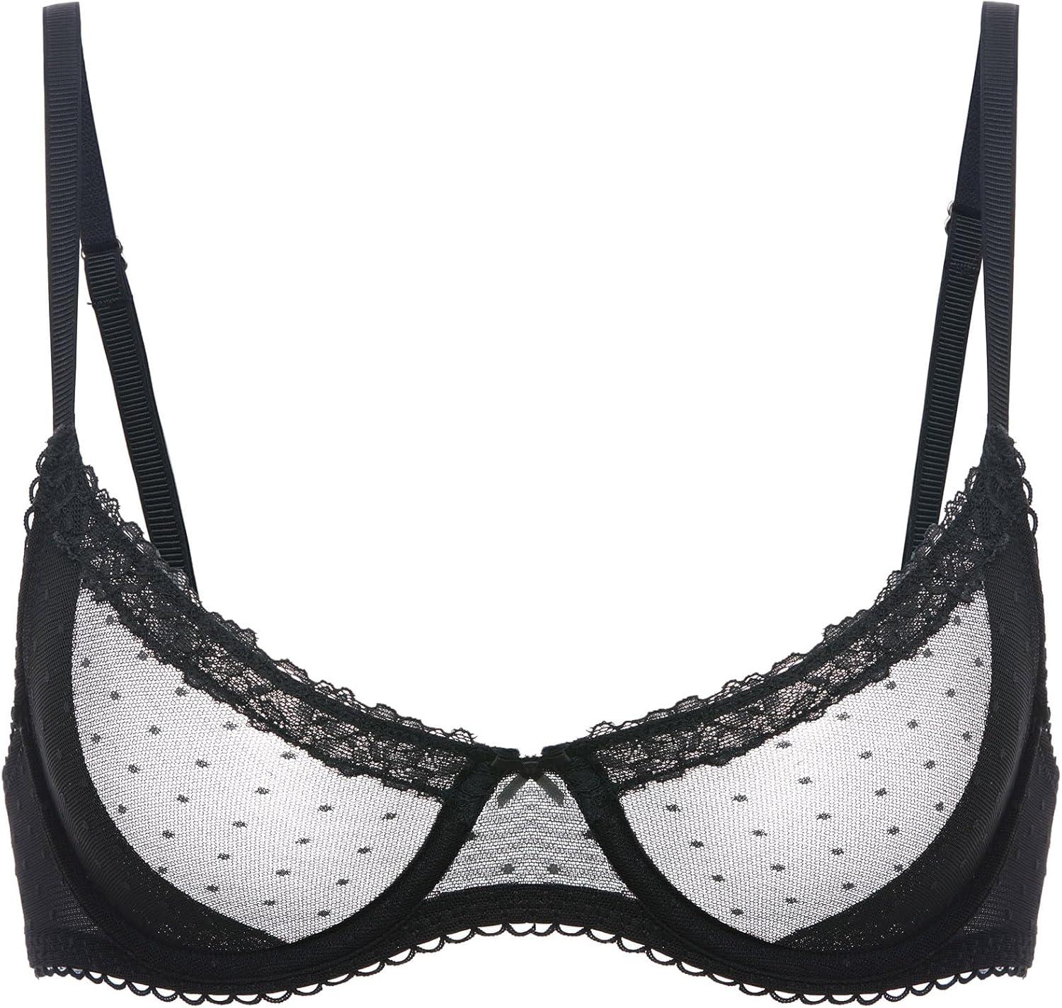 imageDOBREVA Womens Balconette Lace Bra See Through Demi Sheer Mesh Plus Size UnderwireBlack